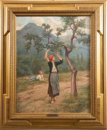 ADOLFO BELIMBAU (1845-1938) "La raccolta delle mele". Olio su tela. Cm...