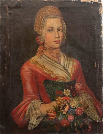 Maestro del XIX secolo "Ritratto di donna con fiori". Olio su tela. Cm 73x57.