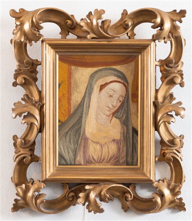 Maestro della metà del XVIII secolo "Madonna". Ricamo entro cornice. Cm 22x15,5.