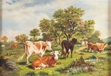 ZANOTTI "Mucche al pascolo", 1903. Olio su tela. Cm 54x80. Opera firmata e...