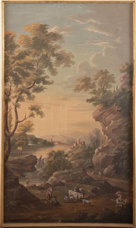Pittore anonimo del XX secolo “Paesaggio con figure”. Tempera su tela. Cm...