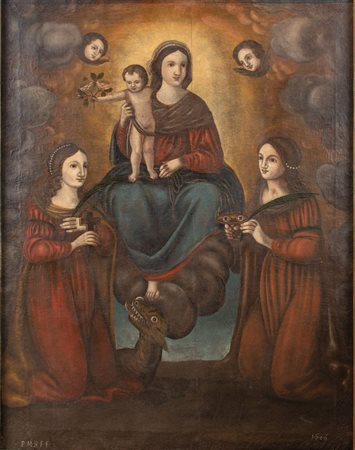 Maestro del XVII secolo "Madonna in gloria tra le sante". Olio su Tela. Cm...