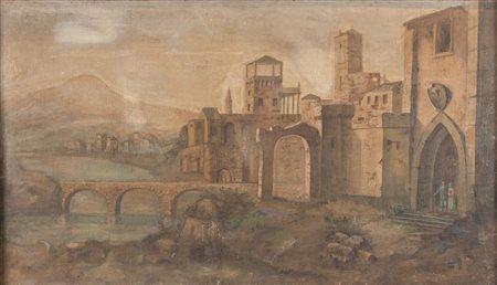 Maestro Emiliano della fine del XVIII secolo "Architettura". Tempera su tela....