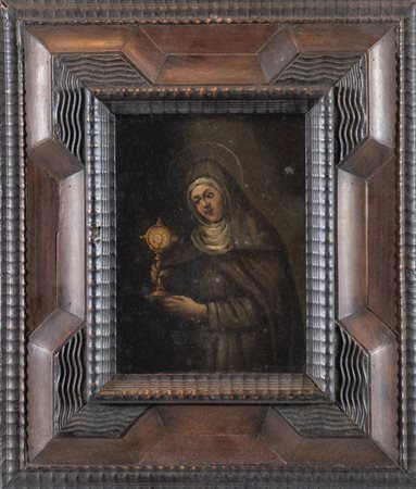 Maestro del XVII secolo "Ritratto di santa". Olio su tela applicata su...
