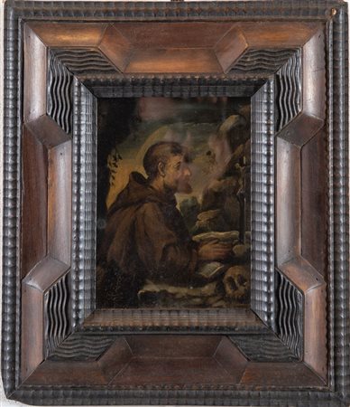 Maestro del XVII secolo "Ritratto di santo". Olio su tela applicata su...