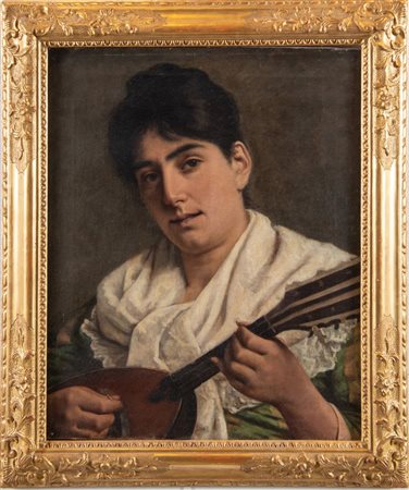 Maestro del XIX secolo "Suonatrice di mandolino". Olio su tela. Cm 52,5x42,5.