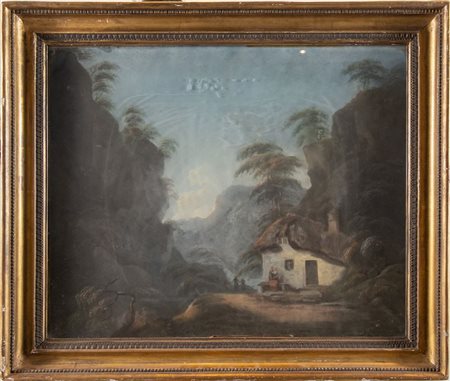 Maestro del XIX secolo "Paesaggio". Tempera su tela. Cm 59x71.