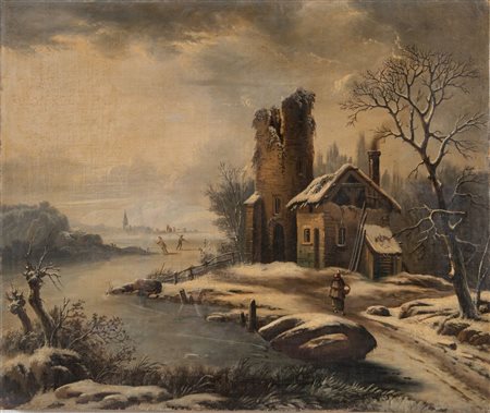 Maestro del XIX secolo "Paesaggio". Olio su tela. Cm 54x65.