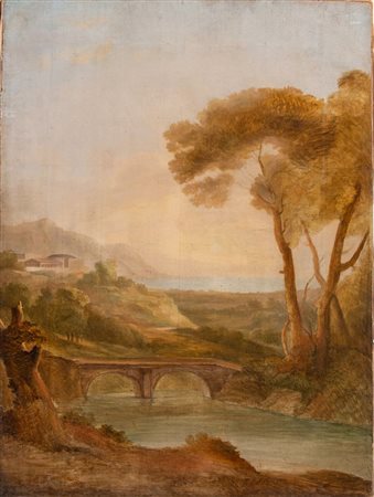 Maestro del XIX secolo "Paesaggio". Olio su tela. Cm 95x71.