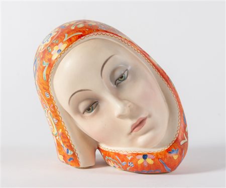LENCI, Torino. Scultura in ceramica policroma raffigurante volto di donna...