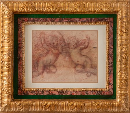 Maestro del XVII secolo “Due putti”. Disegno a sanguigna e matita su carta....
