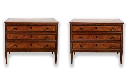 COPPIA DI CASSETTONI lastronati in ciliegio e noce, con intarsi in bosso....