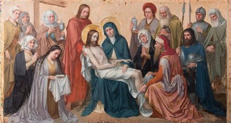 Maestro del XIX secolo “Deposizione con santi”. Olio su metallo. Cm 108x201.