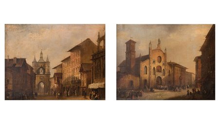 Maestro del XIX secolo. Coppia di vedute di città. Olio su tela. Cadauno di...