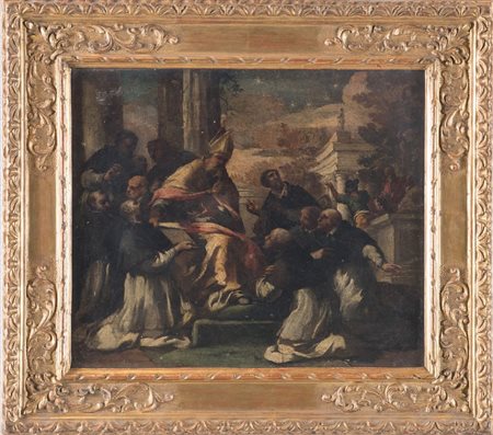 Maestro del XVII secolo “Vescovo con frati domenicani in paesaggio con...