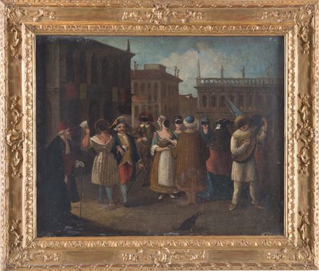 Maestro veneto del XVIII secolo “Scena carnevalesca”. Olio su tela. Cm 41x50.