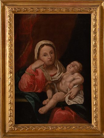 Maestro del XVII secolo. Madonna con bambino. Olio su tela. Cm 76,5x55.