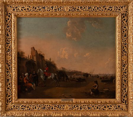 Maestro fiammingo del XVII secolo “Scena popolare con cavalli”. Olio su tela....