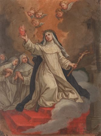 Maestro della fine del XVII secolo “Santa Rita in estasi”. Olio su rame. Cm...