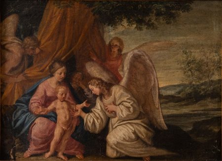 Maestro emiliano del XVII secolo “Riposo durante la fuga in Egitto”. Olio su...