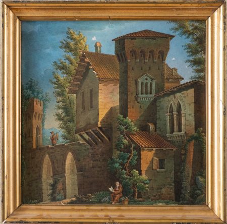 Maestro del XIX secolo. “Architettura con figure”. Acquerello su carta. Cm...