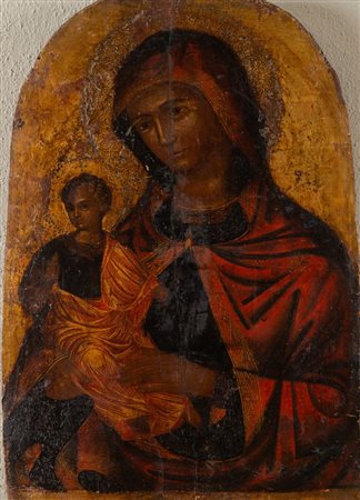 Maestro greco dalmata del XVI secolo. "Madonna con bambino". Tempera su fondo...