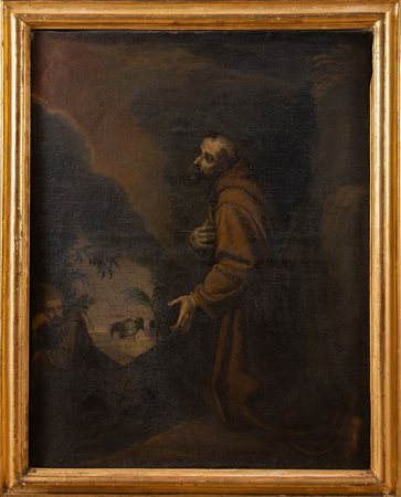 Maestro del XVII secolo. "Santo in preghiera". Olio su tela. Cm 96x75,5....