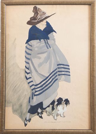 MARCELLO DUDOVICH (Trieste 1878 - Milano 1962) "Signora con cani". Acquerello...