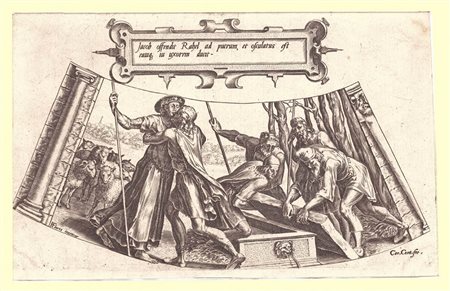 Cornelis Cort (1530-1578) da Julius Goltzius: GIACOBBE E RACHELE AL POZZO, 1563