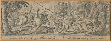 Philip Galle (1537 c.- 1612) da Hans Bol (1534-1593): CACCIA AGLI STRUZZI, 1582