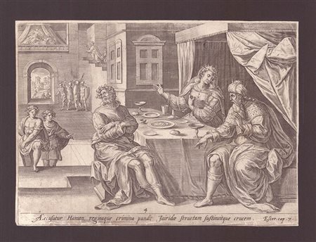 Jan Collaert il Vecchio (1545-1628) da Jan Snellinck (c. 1544-1638): EESTER ACCUSA HAMAN, 1585