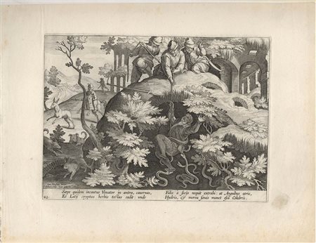 Jan Collaert II (c.1561-c.1620) da Jan van der Straet detto Stradanus (1523-1605): CACCIATORE ATTACCATO DA SERPENTI