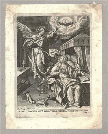 Jan Sadeler I (1550-c.1600)  da Martin De Vos (1532-1603): ANNUNCIAZIONE