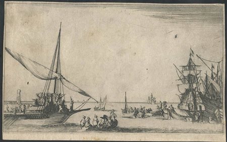 Stefano Della Bella (1610-1664): PAESAGGIO MARINO CON IMBARCAZIONI E FIGURE