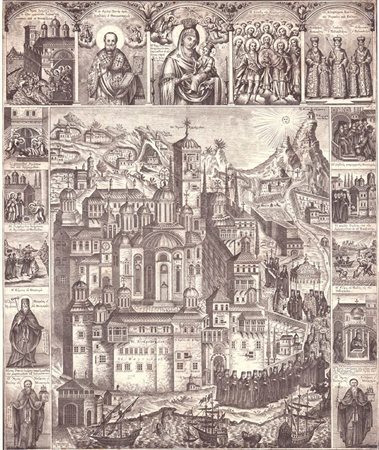 Incisore ignoto: IL MONASTERO DI DOCHIARIOU SUL SACRO MONTE ATHOS