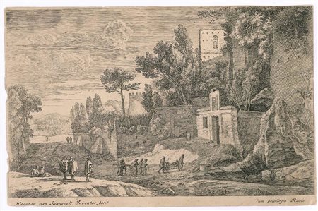 Herman van Swanevelt (1603-1655): PAESAGGIO ROMANO CON OSPEDALE