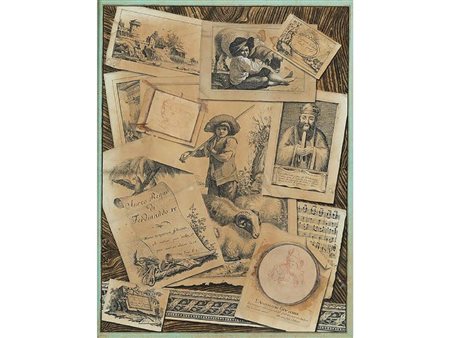 Gaspare Tschudy: COPPIA DI DIPINTI TROMPE L'OEIL CON LE INCISIONI DI GRANDI MAESTRI