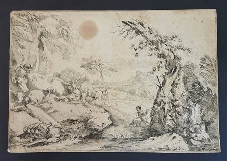 Gaetano Zompini (1700-1778)  da Giovanni Benedetto Castiglione (1609-1664) detto Il Grechetto: SCENA PASTORALE, PAESAGGIO CON GREGGE E PASTORI  CHE ATTRAVERSANO UNA COLLINA, 1786