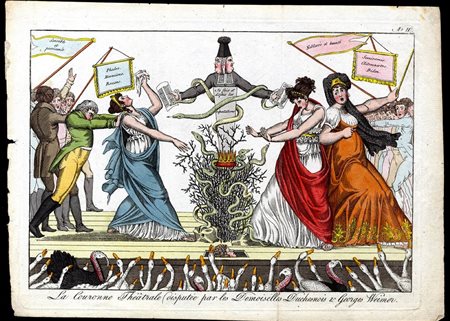James Gillray (1756-1815): LA COURONNE THÉATRALE DISPUTÉE PAR LES DEMOISELLES DUCHESNOIS & GEORGES WEIMER 