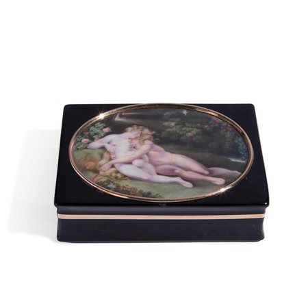 Elegante scatola neoclassica in tartaruga e oro con miniatura
