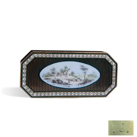 Scatola ottagonale in oro e smalti policromi, XVIII secolo