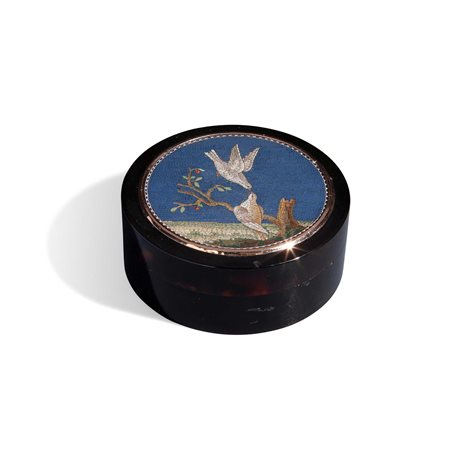 Scatola tonda in tartaruga, oro e micromosaico