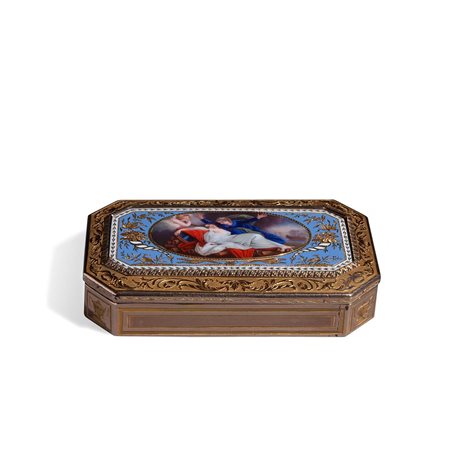 Scatola ottagonale in oro a due colori e smalti