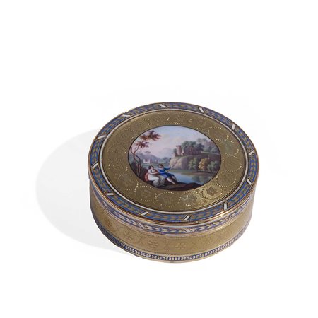 Elegante scatola tonda in oro e smalti, XVIII secolo