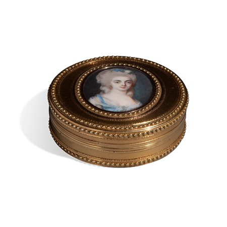 Scatola tonda in oro, tartaruga e miniatura, XVIII secolo