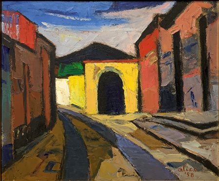 Giovanni Alicò (Catania 1906-Milano 1971)  - Strada di paese con case (Aci Sant'Antonio) ed Etna in prospettiva., 1958