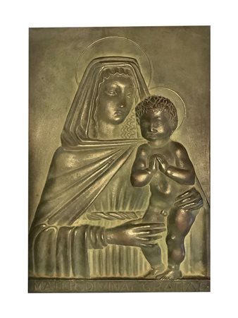 Carlo Andreoni - Placca in fusione di bronzo patinato raffigurante madonna con bambino stilizzati, 1930s