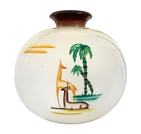 Angelo Simonetto per Galvani - Vaso in terracotta smaltata di forma sferica con collo estroflesso, superficie riportante decoro policromo di scene esotiche., 1930s.