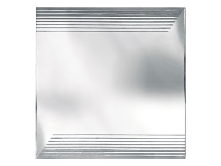 Gianni Celada per Fontana Arte - Specchio a parete di forma quadrata riportante satinature geometriche lungo i bordi superiore e inferiore.