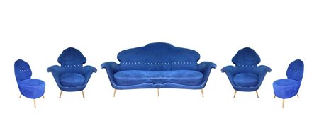 Salotto composto da divano tre posti, due poltrone e due poltroncine, 1950s